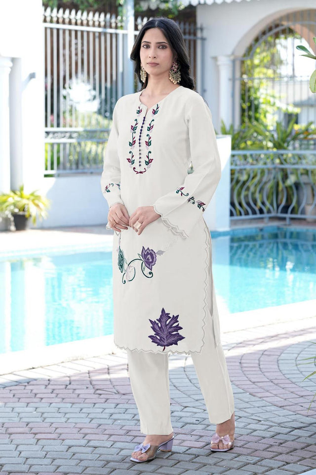 Cream Floral Embroidered Art Silk Kurti Pant Set (NC2238BKS)