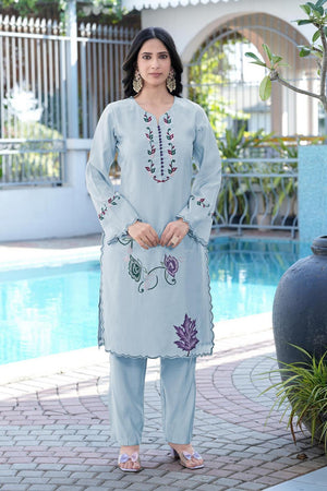 Blue Floral Embroidered Art Silk Kurti Pant Set (NC2238CKS)