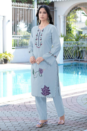Blue Floral Embroidered Art Silk Kurti Pant Set (NC2238CKS)