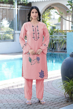 Pink Floral Embroidered Art Silk Kurti Pant Set (NC2238DKS)