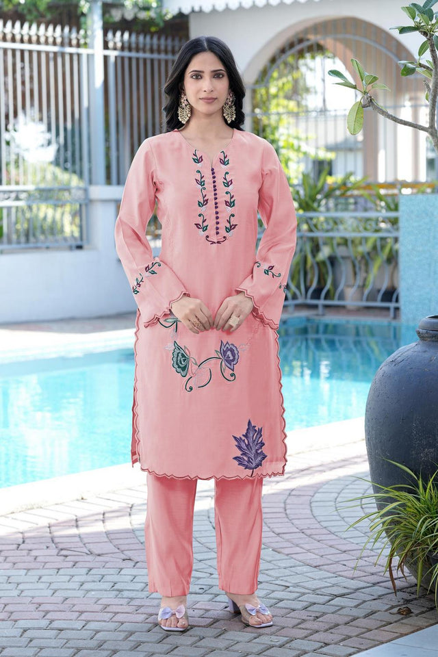 Pink Floral Embroidered Art Silk Kurti Pant Set (NC2238DKS)