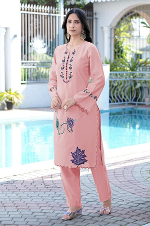 Pink Floral Embroidered Art Silk Kurti Pant Set (NC2238DKS)