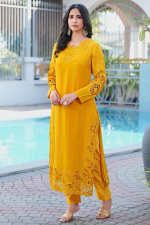 Yellow Floral Embroidered Art Silk Kurti Pant Set (NC2239AKS)