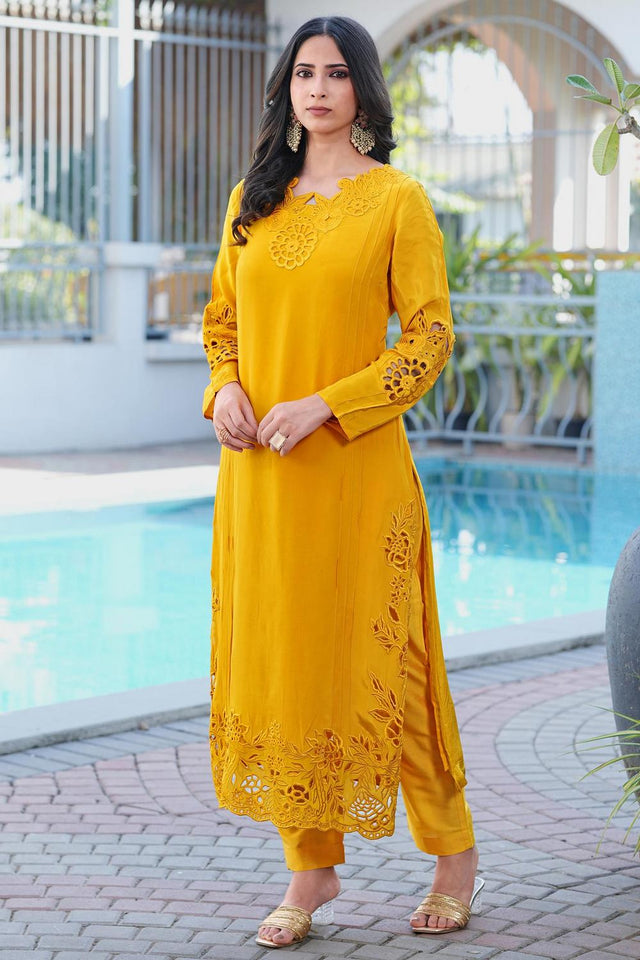 Yellow Floral Embroidered Art Silk Kurti Pant Set (NC2239AKS)