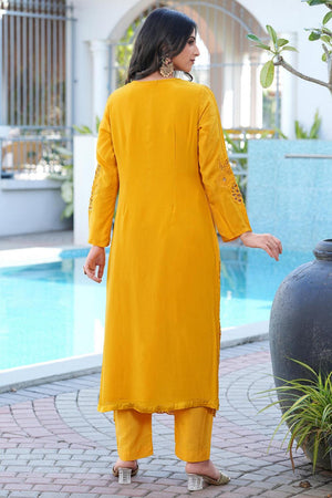 Yellow Floral Embroidered Art Silk Kurti Pant Set (NC2239AKS)