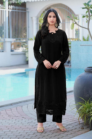 Black Floral Embroidered Art Silk Kurti Pant Set (NC2239BKS)