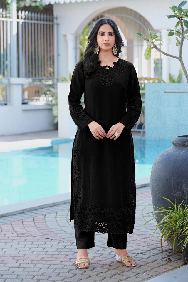Black Floral Embroidered Art Silk Kurti Pant Set (NC2239BKS)