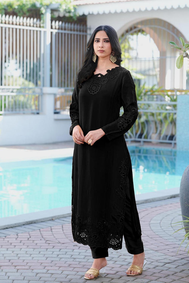 Black Floral Embroidered Art Silk Kurti Pant Set (NC2239BKS)