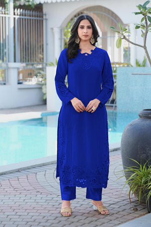 Royal Blue Floral Embroidered Art Silk Kurti Pant Set (NC2239CKS)