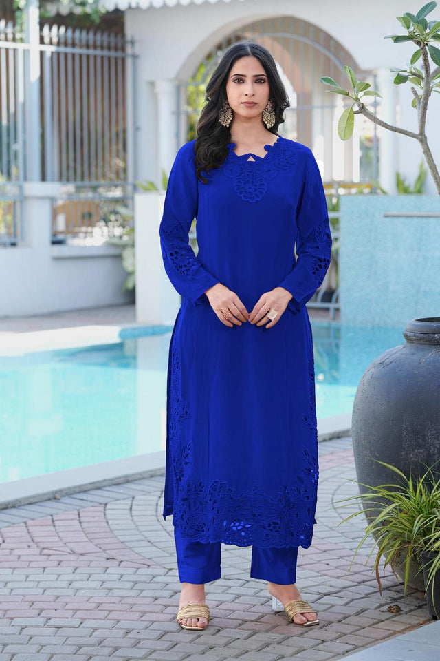 Royal Blue Floral Embroidered Art Silk Kurti Pant Set (NC2239CKS)