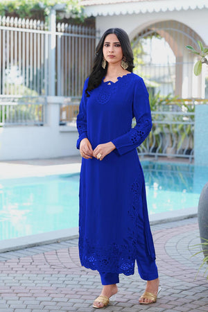 Royal Blue Floral Embroidered Art Silk Kurti Pant Set (NC2239CKS)