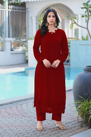 Maroon Floral Embroidered Art Silk Kurti Pant Set (NC2239DKS)