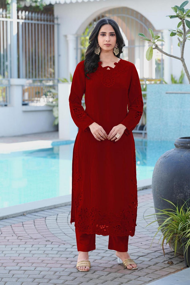 Maroon Floral Embroidered Art Silk Kurti Pant Set (NC2239DKS)
