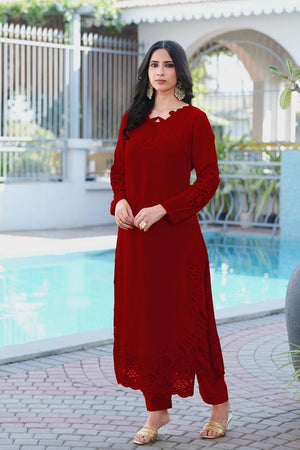 Maroon Floral Embroidered Art Silk Kurti Pant Set (NC2239DKS)