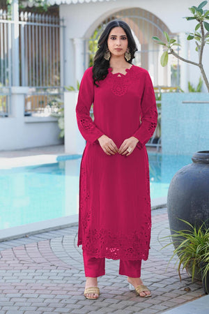 Magenta Floral Embroidered Art Silk Kurti Pant Set (NC2239EKS)