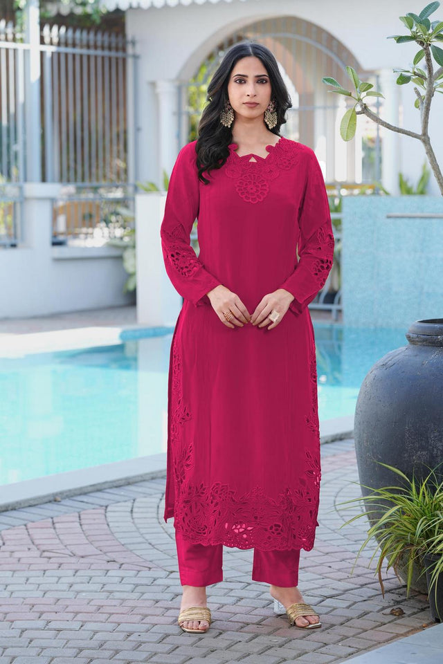 Magenta Floral Embroidered Art Silk Kurti Pant Set (NC2239EKS)