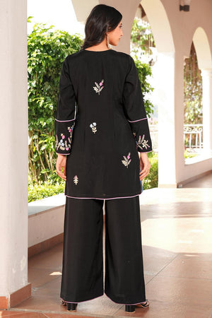 Black Floral Embroidered Art Silk Kurti Pant Set (NC2240AKS)