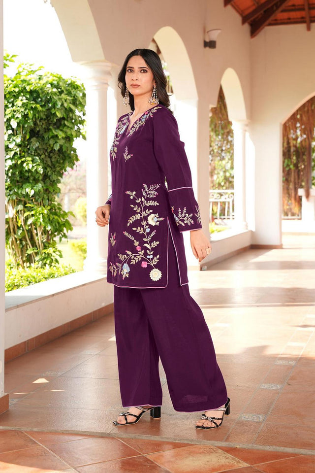 Magenta Floral Embroidered Art Silk Kurti Pant Set (NC2240BKS)