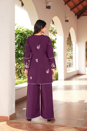 Magenta Floral Embroidered Art Silk Kurti Pant Set (NC2240BKS)