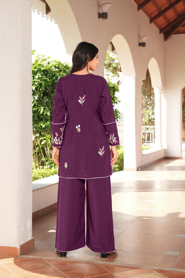 Magenta Floral Embroidered Art Silk Kurti Pant Set (NC2240BKS)