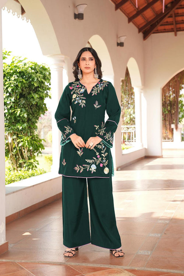 Dark Green Floral Embroidered Art Silk Kurti Pant Set (NC2240CKS)