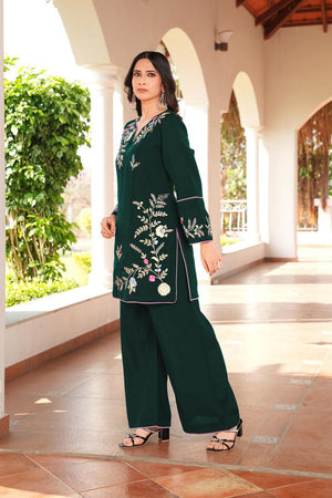 Dark Green Floral Embroidered Art Silk Kurti Pant Set (NC2240CKS)
