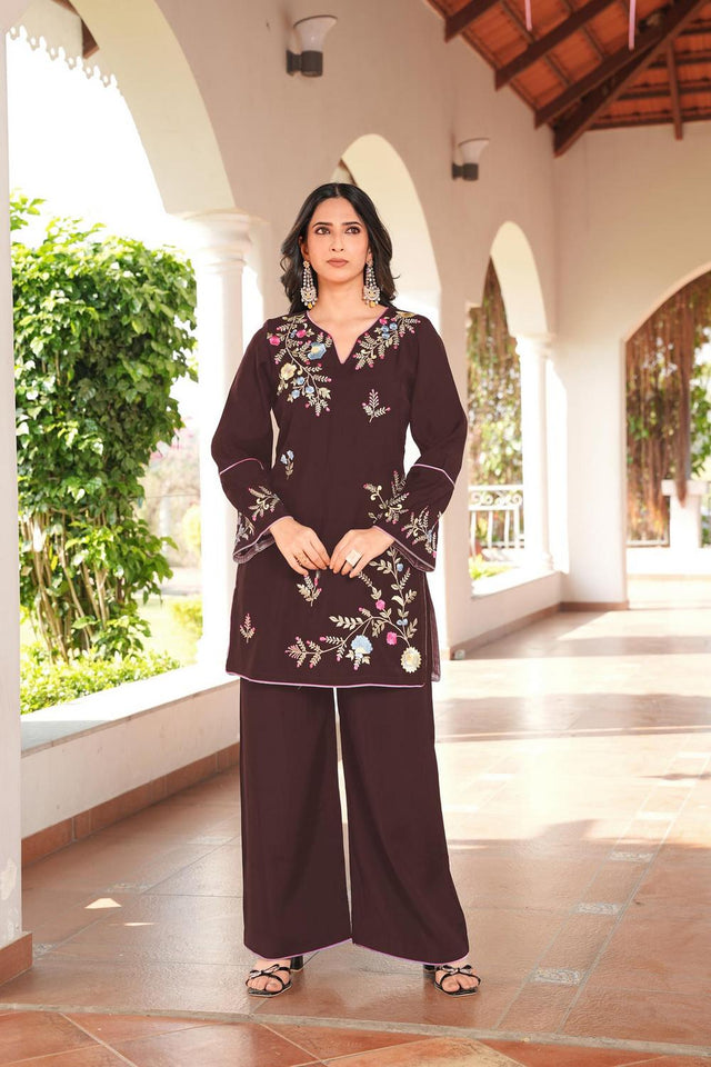 Brown Floral Embroidered Art Silk Kurti Pant Set (NC2240DKS)