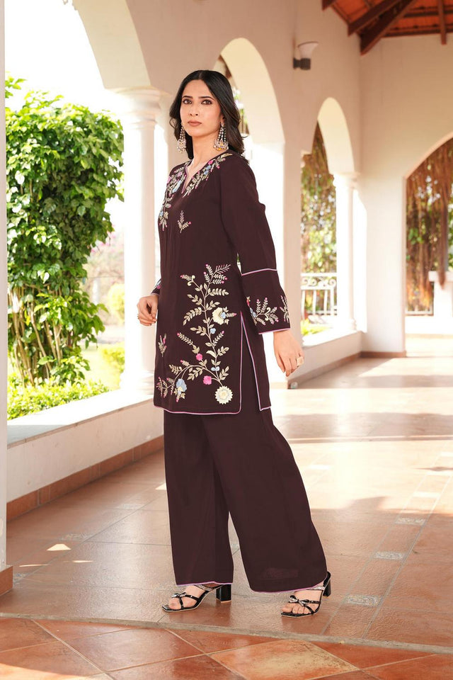 Brown Floral Embroidered Art Silk Kurti Pant Set (NC2240DKS)