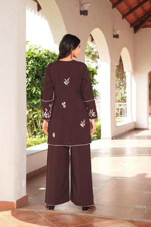 Brown Floral Embroidered Art Silk Kurti Pant Set (NC2240DKS)