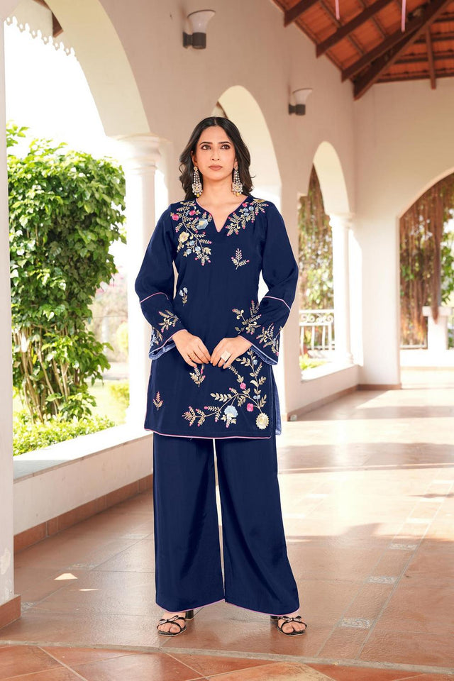 Navy Blue Floral Embroidered Art Silk Kurti Pant Set (NC2240EKS)