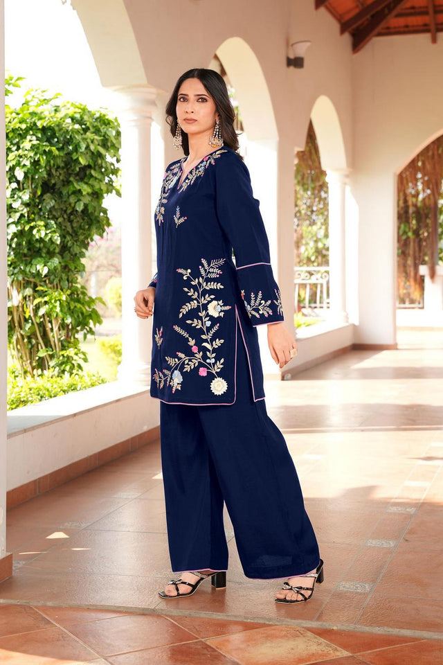Navy Blue Floral Embroidered Art Silk Kurti Pant Set (NC2240EKS)