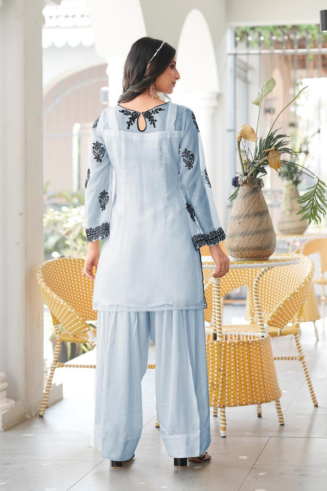 Blue Floral Embroidered Organza Kurti Pant Set (NC2241BKS)
