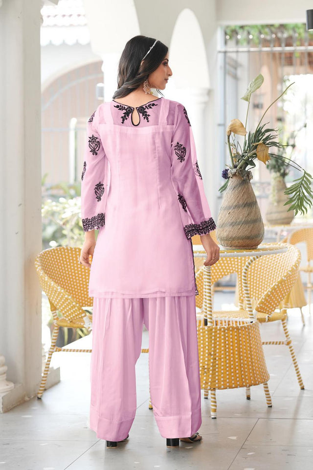 Pink Floral Embroidered Organza Kurti Pant Set (NC2241CKS)