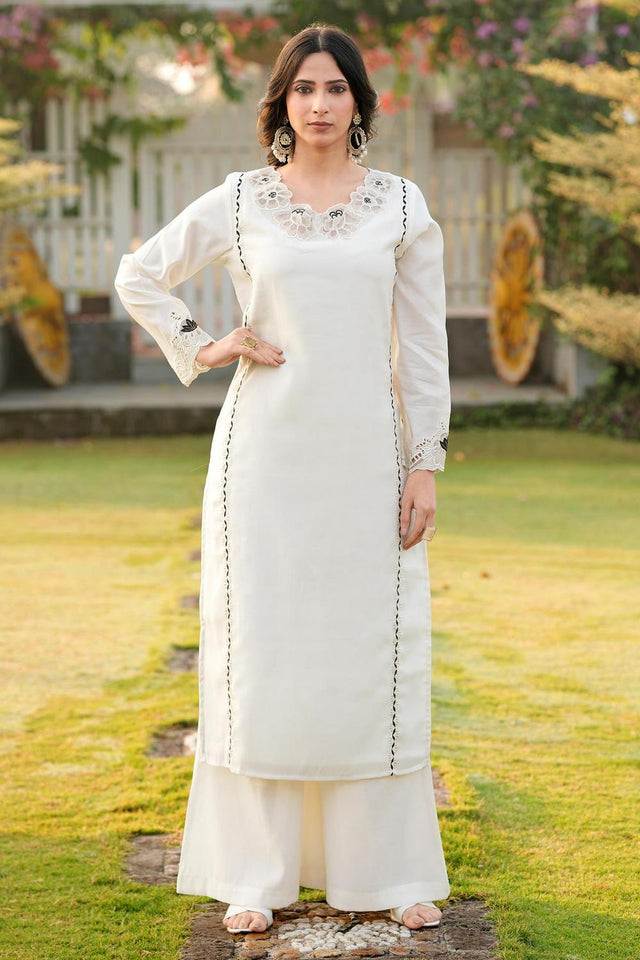 Cream Embroidered Art Silk Kurti Pant Set (NC2242AKS)