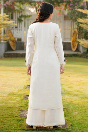 Cream Embroidered Art Silk Kurti Pant Set (NC2242AKS)
