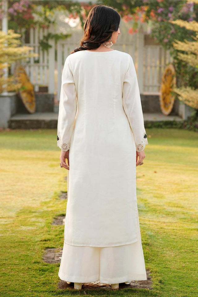 Cream Embroidered Art Silk Kurti Pant Set (NC2242AKS)