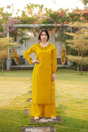 Yellow Embroidered Art Silk Kurti Pant Set (NC2242DKS)