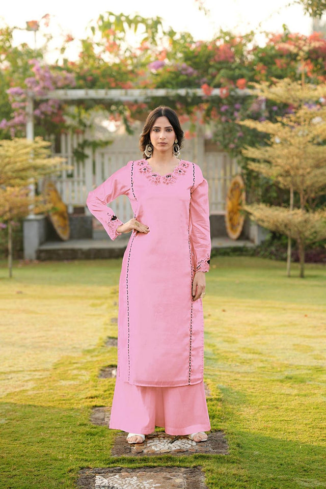 Pink Embroidered Art Silk Kurti Pant Set (NC2242EKS)