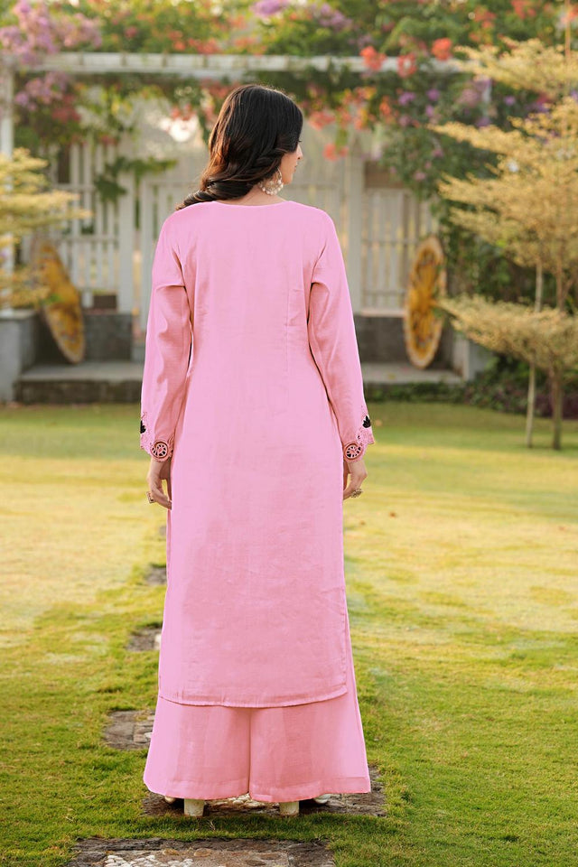 Pink Embroidered Art Silk Kurti Pant Set (NC2242EKS)