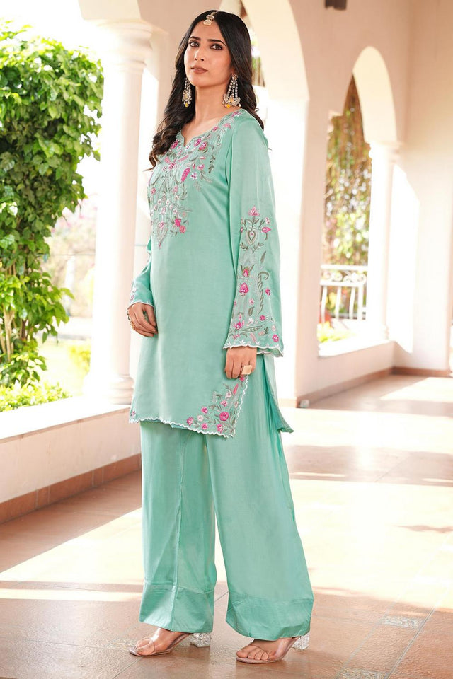 Green Floral Embroidered Satin Kurti Pant Set (NC2243AKS)