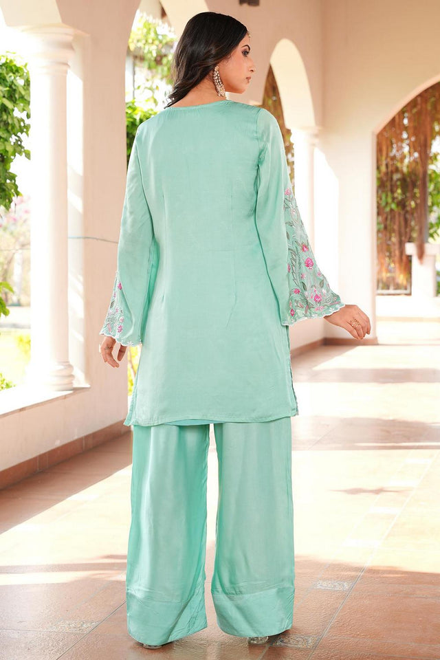 Green Floral Embroidered Satin Kurti Pant Set (NC2243AKS)