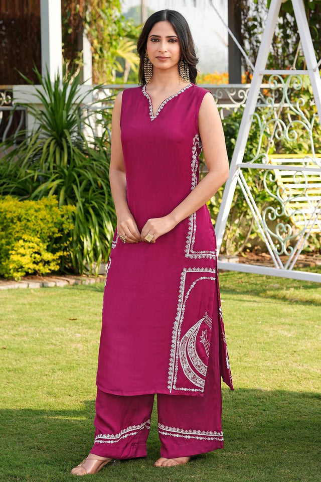 Pink Floral Embroidered Satin Kurti Pant Set (NC2244AKS)