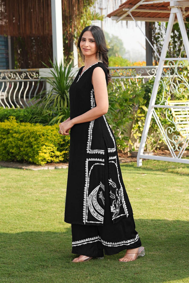 Black Floral Embroidered Satin Kurti Pant Set (NC2244BKS)