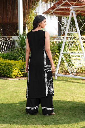 Black Floral Embroidered Satin Kurti Pant Set (NC2244BKS)