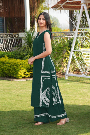 Dark Green Floral Embroidered Satin Kurti Pant Set (NC2244CKS)
