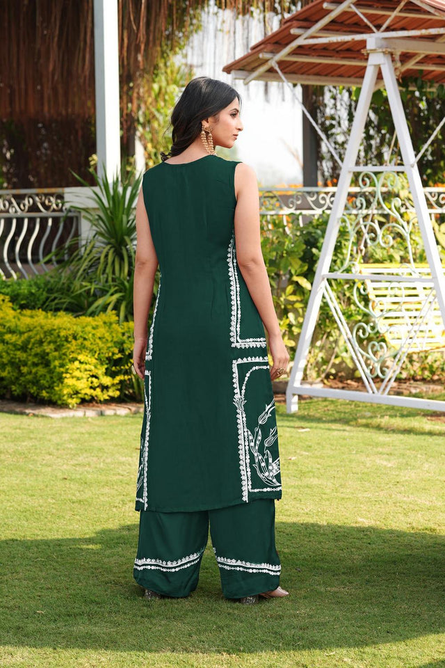 Dark Green Floral Embroidered Satin Kurti Pant Set (NC2244CKS)