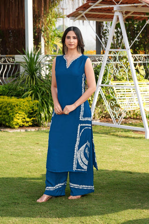 Royal Blue Floral Embroidered Satin Kurti Pant Set (NC2244DKS)