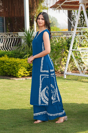 Royal Blue Floral Embroidered Satin Kurti Pant Set (NC2244DKS)