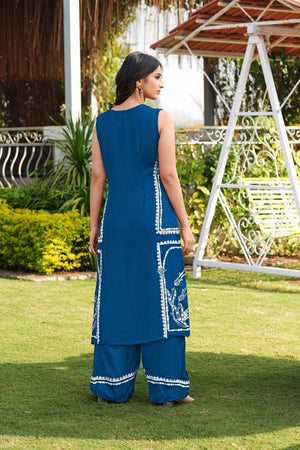 Royal Blue Floral Embroidered Satin Kurti Pant Set (NC2244DKS)