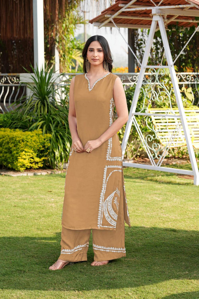 Brown Floral Embroidered Satin Kurti Pant Set (NC2244EKS)